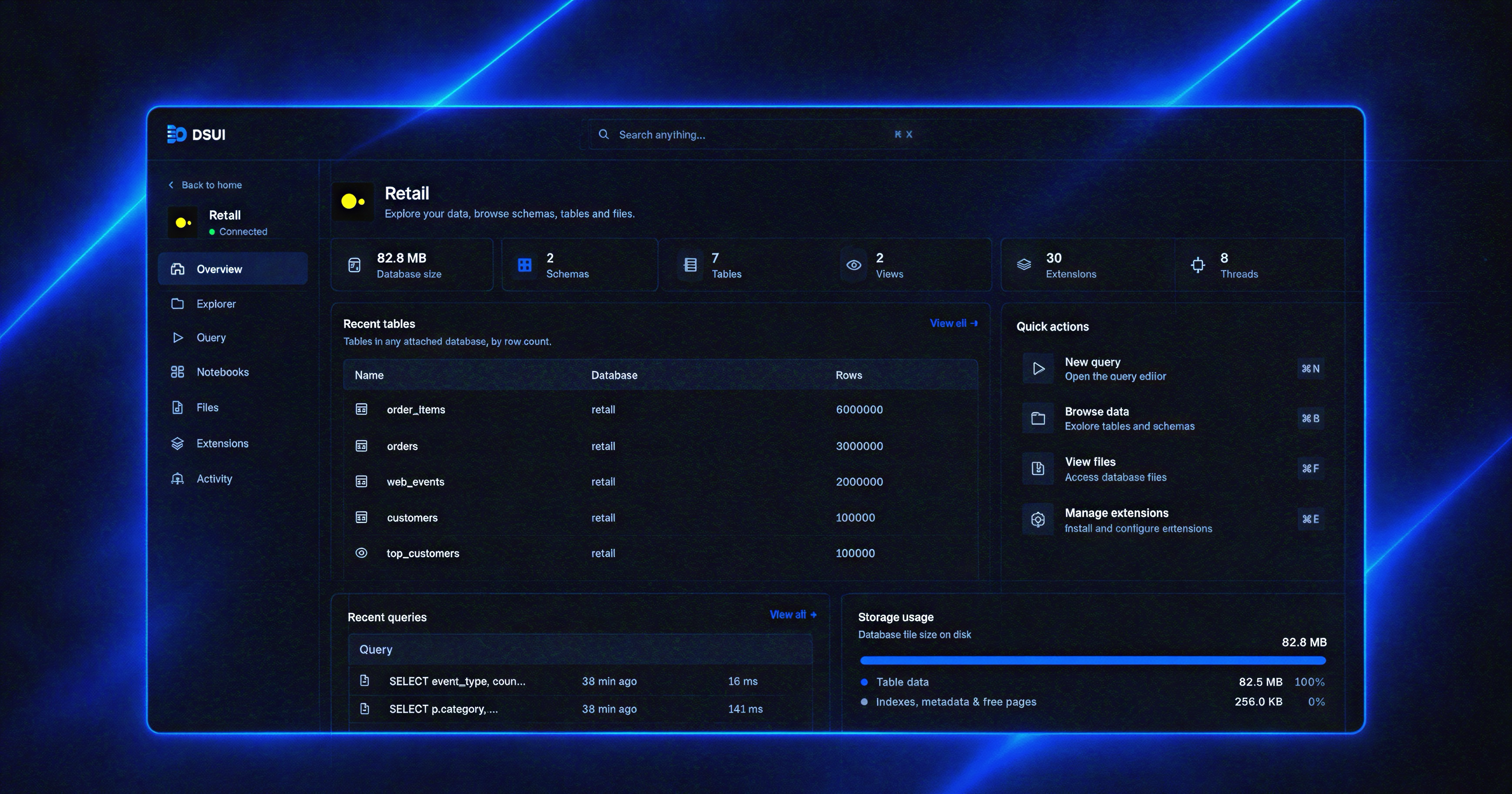 DSUI workspace overview with a connected service and query workflow
